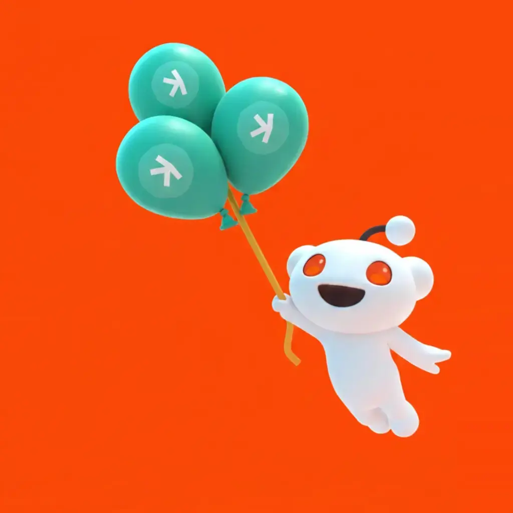 Reddit mascot Snoo floating happily on a bunch of Kaspa-branded balloons.