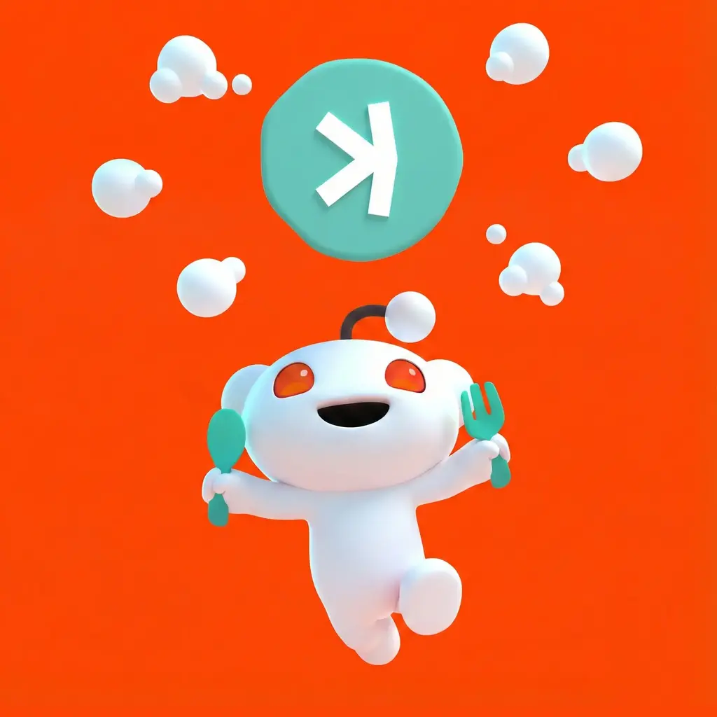 Reddit mascot Snoo looking up at the Kaspa logo.
